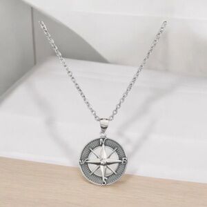 925 Sterling Silver Compass Pendant Free Chain Necklace